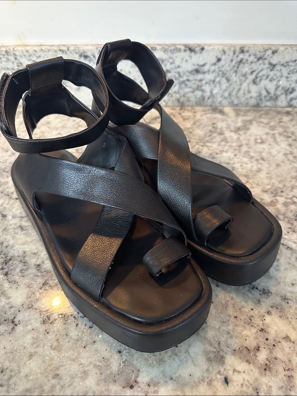 Anthropologie Black Platform Crisscross Ankle Strap Sandals - Women